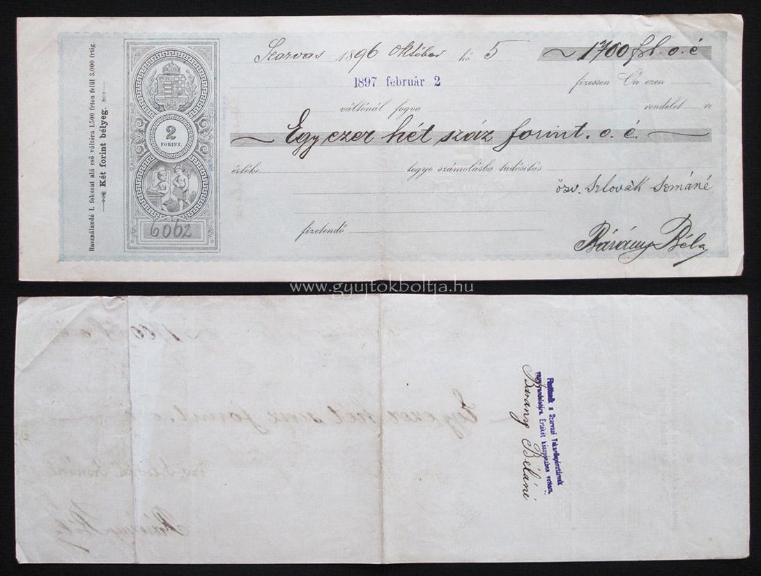 1896-ban Szarvason killtott vlt 1700 forintrl, 2 forintos illetkjegy llami vltjegyen